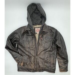 Levis Jacket Boys XL 13-15 Brown Faux Leather Sherpa Lined Gray Hoodie Red Tab